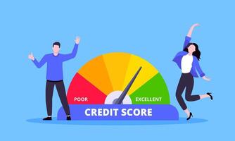 People beside credit score arrow gauge speedometer indicator with color levels. vector
