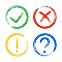 Dirty grunge cross x, tick OK, exclamation and question check marks in check boxes. vector