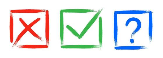 Dirty grunge cross x, tick OK and question check marks in check boxes, hand drawn with brush strokes illustration vector