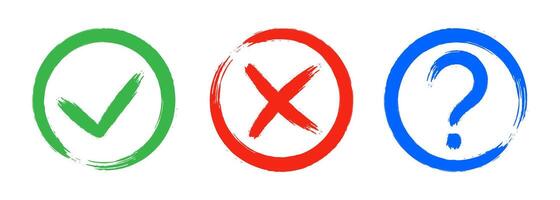 Dirty grunge cross x, tick OK and question check marks in check boxes, hand drawn with brush strokes illustration vector