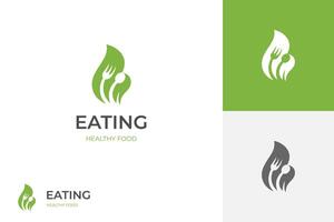 Healthy food logo template. Organic food icon design. Fork, spoon and leaves shape vector