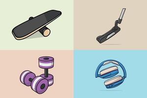 Collection of Gym objects, home cleaner, and headphone illustration. vector
