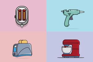 Collection of home objects illustration. Bread machines, glue gun and stand mixer icon design. vector