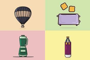 Collection of home objects illustration. air balloon, fried bread pieces, juicer, and punching bag icon design. vector