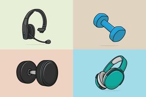 Collection of headphones and gym seat illustration. Adjustable weight bench with barbell design. vector