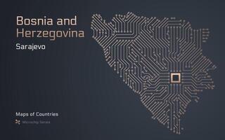 bosnia y herzegovina mapa con un capital de Sarajevo. república srpska. mostrado en un pastilla modelo con procesador. gobierno electrónico. mundo países mapas pastilla serie vector