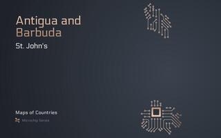 antigua y barbuda mapa con un capital de S t. de juan mostrado en un pastilla modelo con procesador. gobierno electrónico. mundo países mapas pastilla serie vector