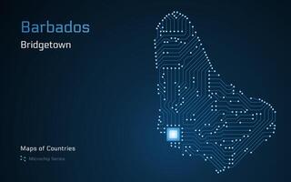 Barbados Map with a capital of Bridgetown Shown in a Microchip Pattern with processor. E-government. World Countries maps. Microchip Series vector