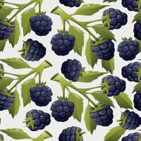 Branch with leaves and black ripe blackberries. seamless cartoon pattern. vector