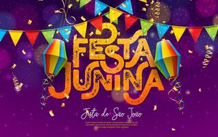 festa junina ilustración con vistoso fiesta banderas y papel linterna en que cae papel picado antecedentes. brasileño tradicional junio sao joao festival diseño para bandera, saludo tarjeta, invitación vector