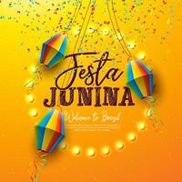 festa junina celebracion bandera ilustración con papel linterna, fiesta banderas y ligero bulbo cartelera en amarillo antecedentes. Brasil junio sao joao festival diseño para saludo tarjeta, invitación vector