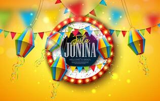 festa junina celebracion bandera ilustración con papel linterna, fiesta banderas y ligero bulbo cartelera en amarillo antecedentes. Brasil junio sao joao festival diseño para saludo tarjeta, invitación vector