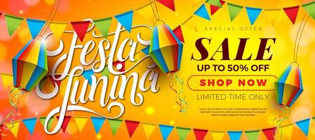 Festa Junina Sale Promotional Business Illustration with Paper Lantern, Party Flag and Typography Letter on Yellow Background. Festa de Sao Joao Special Offer Illustration for Coupon, Voucher vector