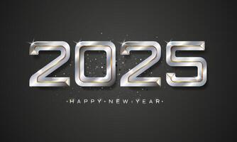 2025 Happy New Year. Silver modern numbers with gold on a dark background with confetti. vector