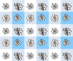 Retro 70s blue gingham pattern with daisy flowers. vector