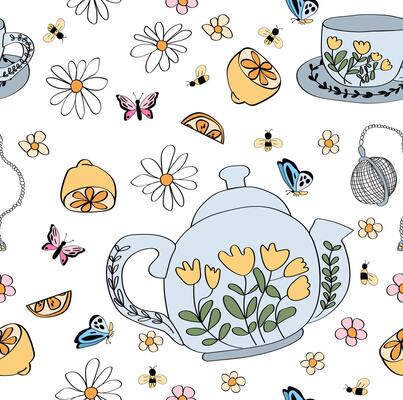 Cute English tea party seamless pattern with flowers sliced lemons and butterflies.