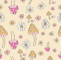 Cute 70s retro mushrooms and daisy flowers in a seamless pattern. vector