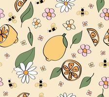 Spring lemon seamless pattern with flowers, leaves and bees. vector