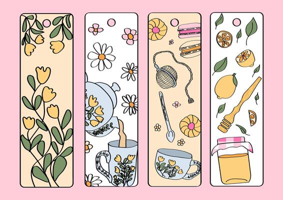 Tea time patterns on bookmark templates collection.