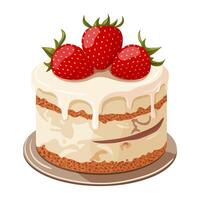 A cream cake with white icing decorated with strawberries. Illustration on a white background. vector