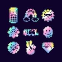 Stickers pack set of retro y2k style. Trendy Holographic stickers, Patches collection. Holographic stickers in the shape of emoticons, retro phone, rainbow vector