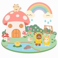 adorable dibujos animados escena con animales en impermeables y seta casa. linda lluvioso día aventuras con bosque amigos. vector