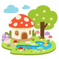 Cute Mushroom House in an Enchanted Forest with a Duck Pond. Adorable illustration for kids. vector