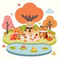 Adorable Woodland Creatures Enjoying Autumn Picnic.Cartoon Forest Animals Picnic Illustration for Kids. vector