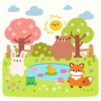 linda bosque animales por un estanque en un primavera jardín. dibujos animados ilustración. vector