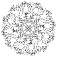 Mandala with mouse and cheese and spring flowers, doodle coloring page for activity and creativity vector