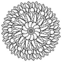 Mandala with a simple flower and a bunch of leaves, meditative coloring page for creative activity vector