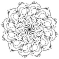 Mandala with mouse and cheese and fantasy patterns, doodle coloring page for creativity vector
