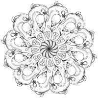 Mandala with mouse and cheese and fantasy patterns, doodle coloring page for creativity vector