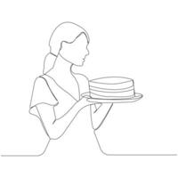 Woman holding a plate of cake line art drawing. vector