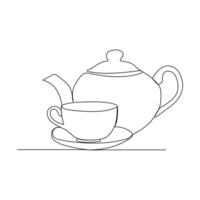 Teapot with teacup continuous line art drawing. vector