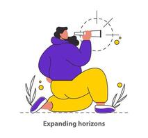 Expanding Horizons concept A character peers through a spyglass, symbolizing the search for new opportunities and vistas An inspiring scene of anticipation and possibility illustration vector