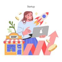 Innovative Startup Launch An entrepreneur with a laptop and rocket symbolizing a soaring start Aspirations and growth are at the heart of this small business illustration vector