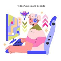 juegos y esports concepto un enfocado jugador es profundamente inmerso en un electrónico batalla, exhibiendo el emoción de competitivo juego de azar esports cultura visualizado ilustración vector