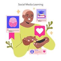 Social Media Learning concept A focused individual uses a smartphone to access educational content, symbolizing the merger of social media and learning illustration vector