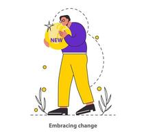 Change Embrace concept A character holds a radiant orb marked 'NEW', symbolizing the acceptance and celebration of new beginnings Captures the essence of adaptability and progress illustration vector