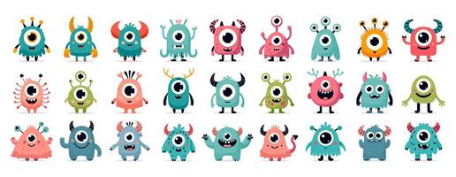 Funny isolated set of cartoon monsters with smiling faces and colorful designs for childrens storybooks, educational materials, friendly room decor, prints on kids clothing. vector