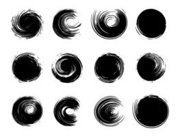 Set of dry brush strokes on a white isolated background, round shaped black paint strokes for badges, backgrounds and labels in graphic design vector