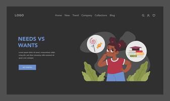 Needs vs wants dark or night mode web, landing. Girl contrasts education vector