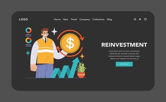 Reinvestment dark or night mode. Businessman observes financial growth, vector
