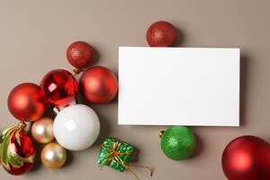 Beautiful Mockup White Card with Christmas Ornaments, A Festive Touch for Your Holiday Greetings photo