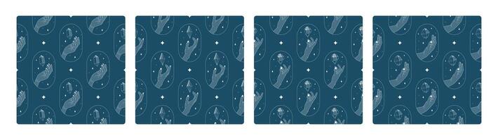 Crystal magic minimalistic seamless patterns set. Creative abstract artwork. Modern illustrations. Transparent line art gem with stars. Minimalistic sticker design for web. vector
