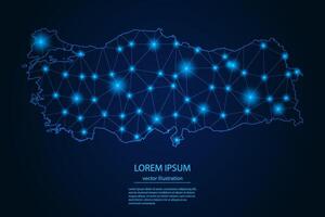 resumen imagen Turquía mapa - con azul resplandor puntos y líneas en oscuro degradado fondo, 3d malla polígono red conexión. vector