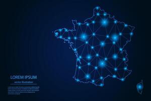 Abstract image France map - With Blue Glow Dots And Lines On Dark Gradient Background, 3D Mesh Polygon Network Connection. vector