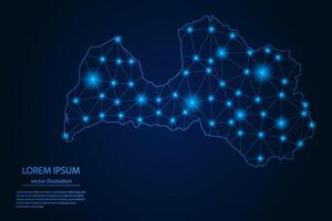 Abstract image Latvia map - With Blue Glow Dots And Lines On Dark Gradient Background, 3D Mesh Polygon Network Connection. vector