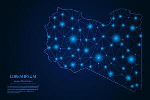 Abstract image Libya map - With Blue Glow Dots And Lines On Dark Gradient Background, 3D Mesh Polygon Network Connection. vector